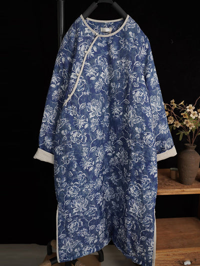 Women Autumn Linen Flower Print Ethnic Dress