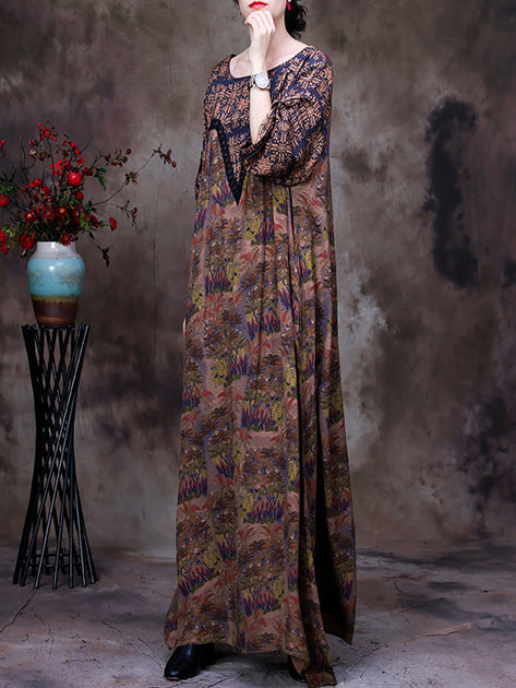Plus Size Draped Floral Vintage Women Retro Maxi Dress