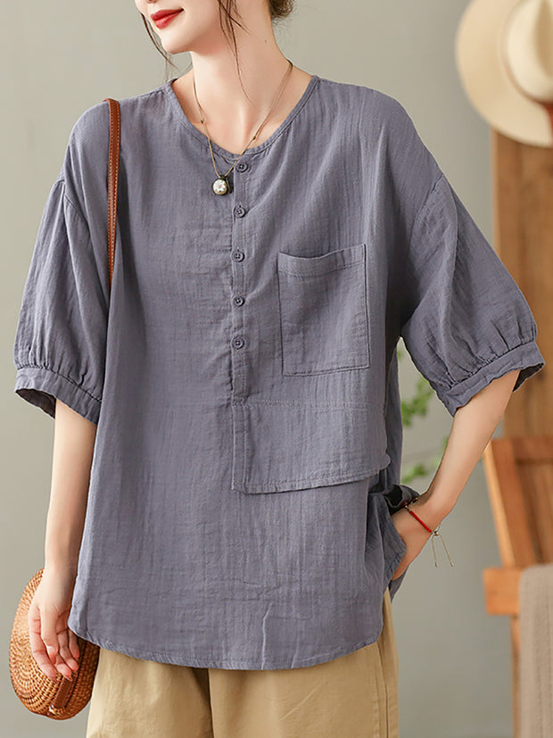 Women Summer Solid Vintage Pocket Spliced Loose Shirt