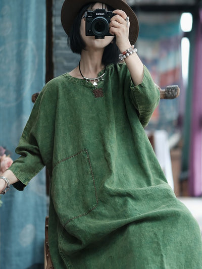Women Retro Solid Stitching Washed Worn Linen Dress