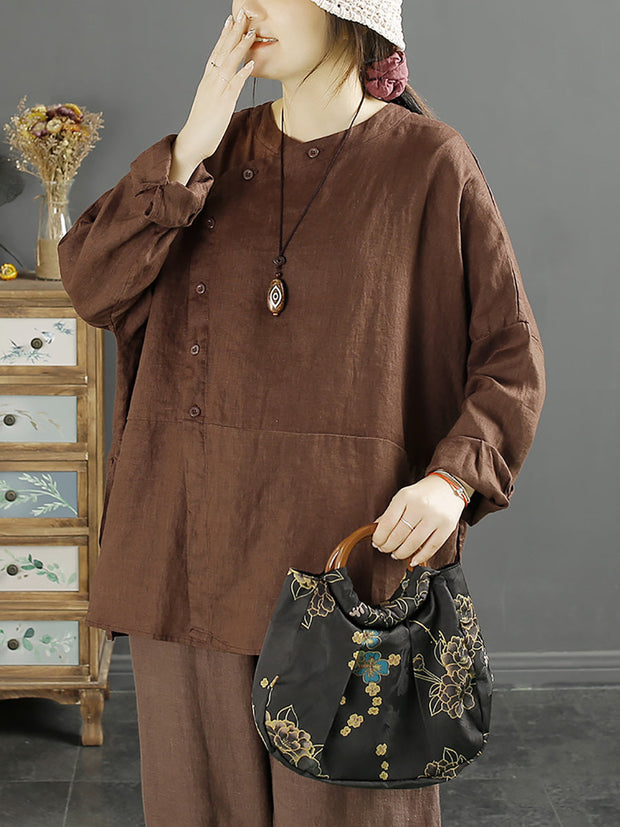 Plus Size Women Solid Vintage Slant-Closure Linen Shirt