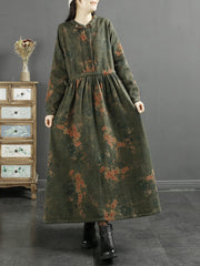 Plus Size Damen Herbst Vintage Blattdruck Baumwollkleid