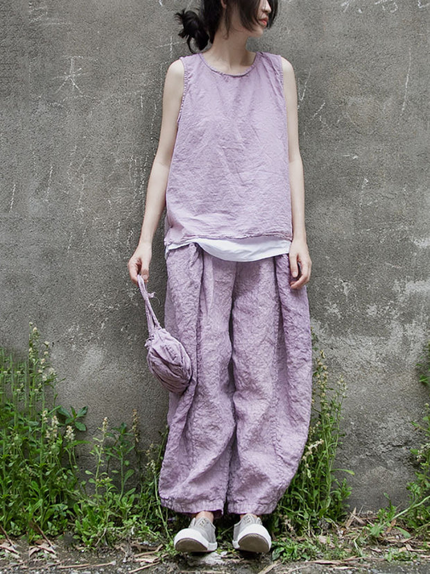 Women Vintage Summer Solid Thin Button Vest/Shirt/Pants