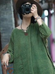 Women Retro Solid Stitching Washed Worn Linen Dress