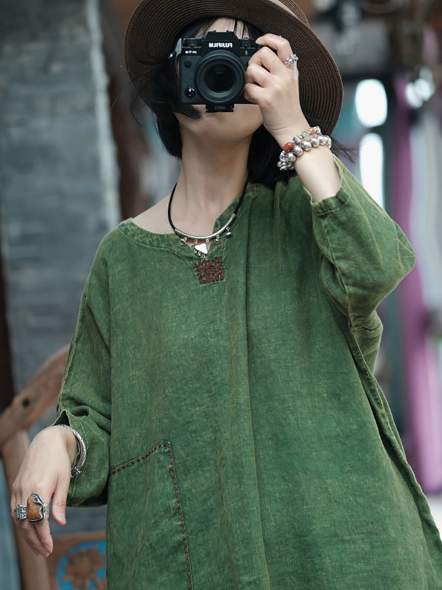 Women Retro Solid Stitching Washed Worn Linen Dress