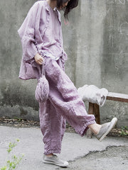 Women Vintage Summer Solid Thin Button Vest/Shirt/Pants