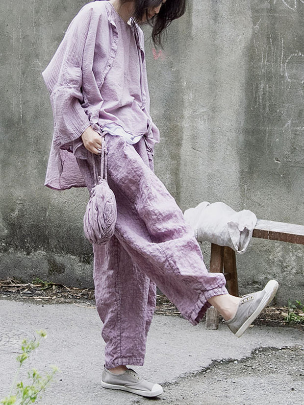 Women Vintage Summer Solid Thin Button Vest/Shirt/Pants