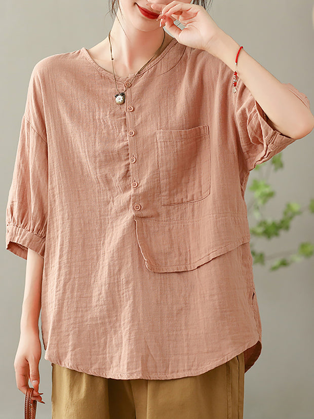 Women Summer Solid Vintage Pocket Spliced Loose Shirt
