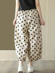 Plus Size Women Vintage Dot Shirred Drawstring Linen Wide-leg Pants