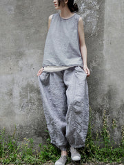 Women Vintage Summer Solid Thin Button Vest/Shirt/Pants