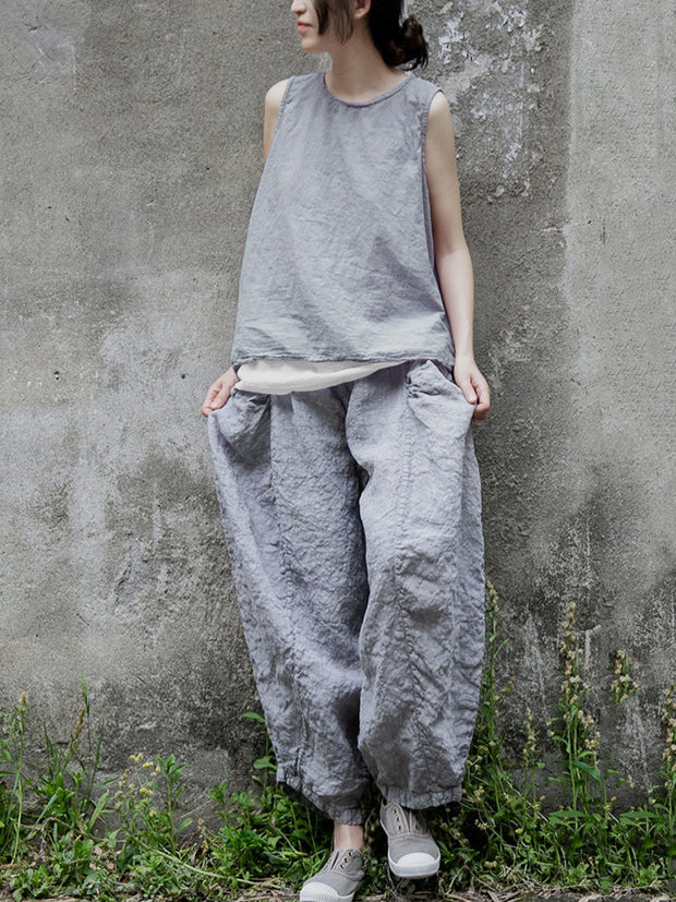Women Vintage Summer Solid Thin Button Vest/Shirt/Pants