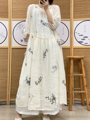 Plus Size Women Vintage Summer Ethnic Leaf Pleat Ramie Dress