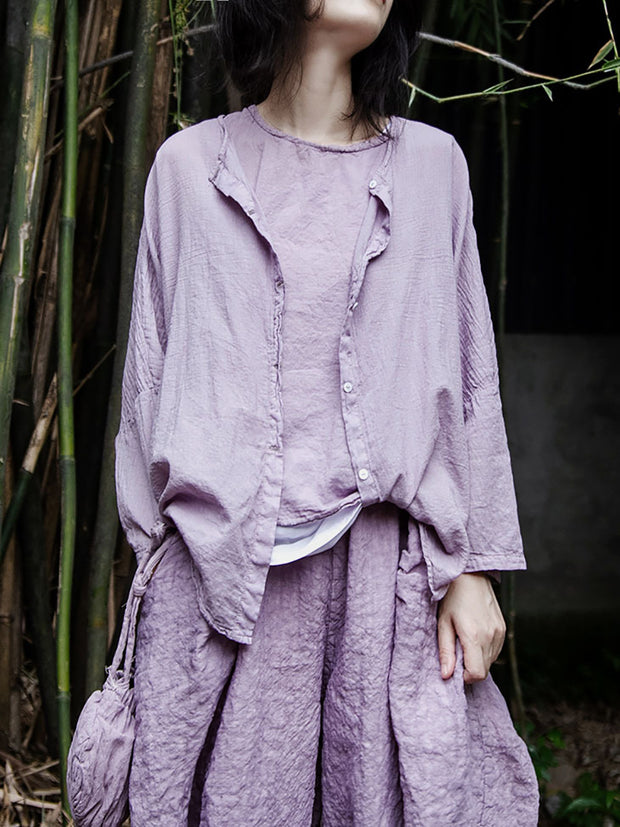 Women Vintage Summer Solid Thin Button Vest/Shirt/Pants