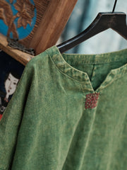 Women Retro Solid Stitching Washed Worn Linen Dress