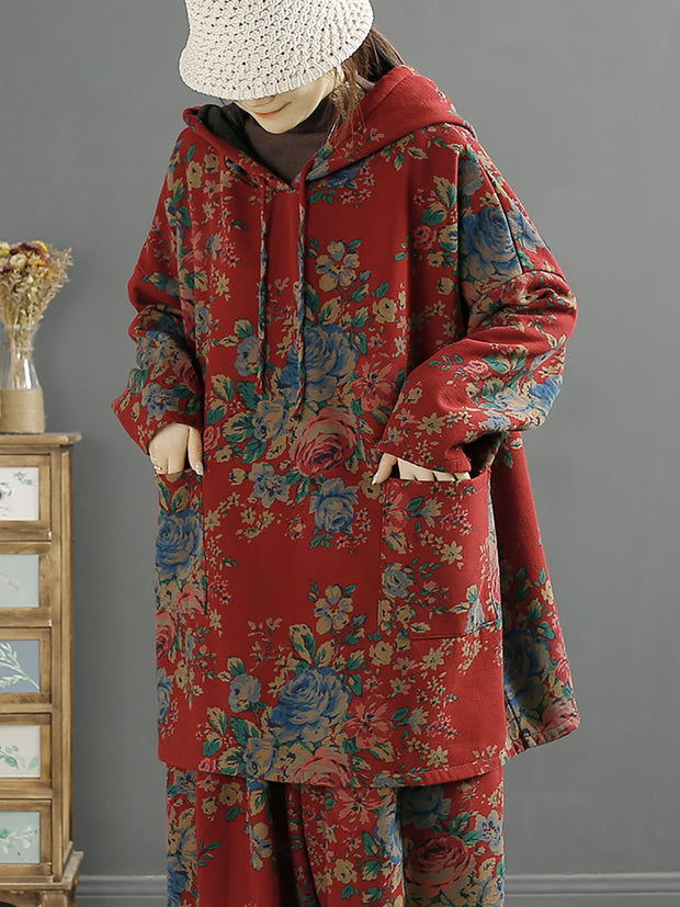 Plus Size Damen Vintage Floral Herbst warmes Kapuzenshirt