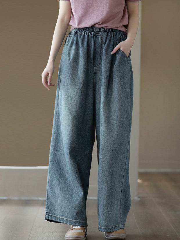 Women Casual Soft Solid Pocket Denim Straight-leg Pants