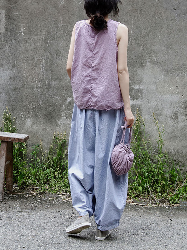 Women Vintage Summer Solid Thin Button Vest/Shirt/Pants