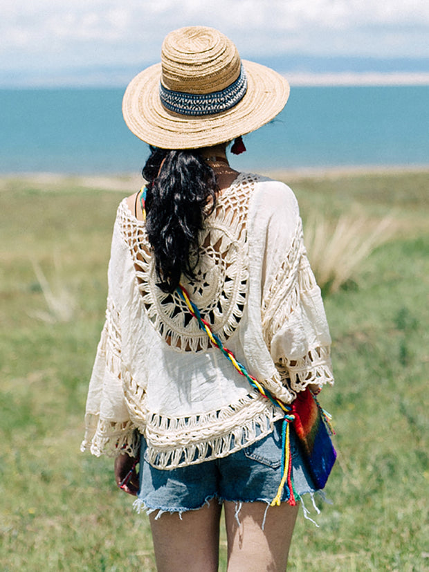Women Summer Travel Knitted Hollow Out Sunproof Shirt