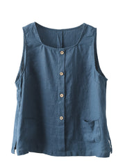 Women Summer Solid Loose Button Pocket 100%Linen Vest