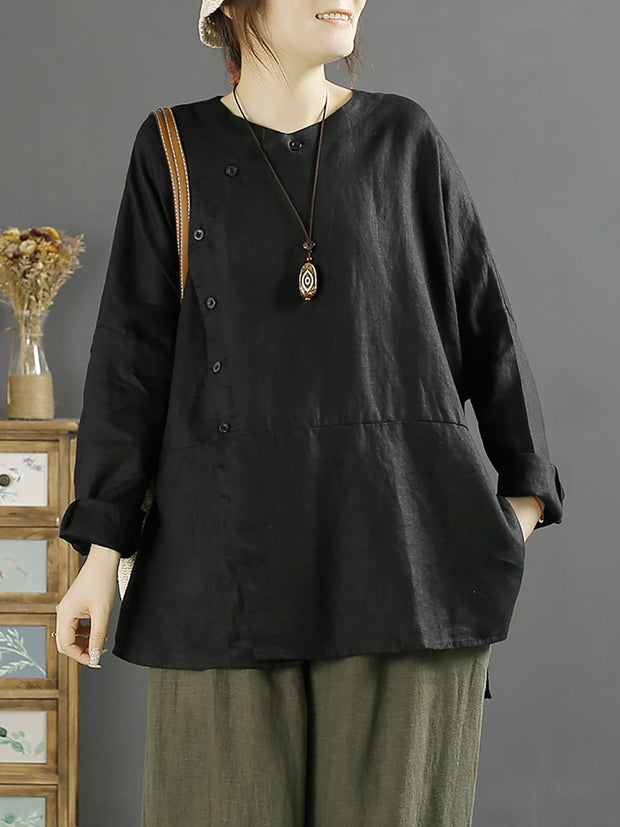 Plus Size Women Solid Vintage Slant-Closure Linen Shirt