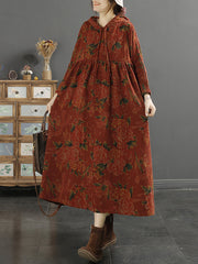 Plus Size Women Retro Floral Shirred Loose Hooded Dress