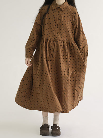 Plus Size Women Vintage Dot Pleat Long Sleeve Dress