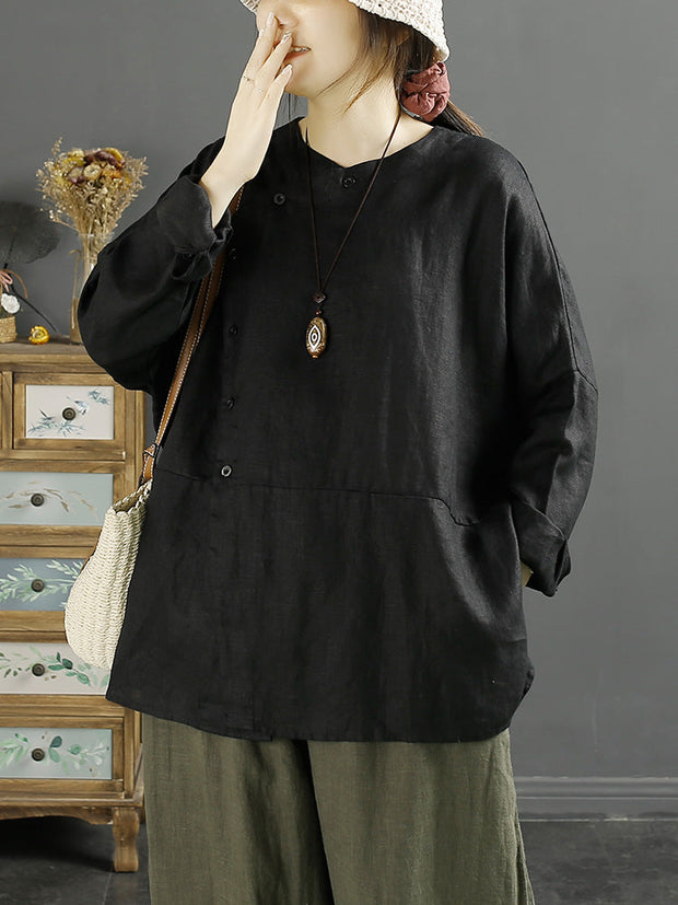 Plus Size Women Solid Vintage Slant-Closure Linen Shirt