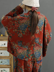 Plus Size Women Ethnic Flower Loose Slanted Sweatshirt