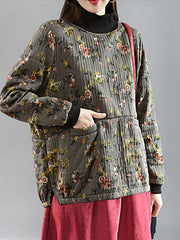 Plus-Size-Hemd aus gespleißter Baumwolle mit halbhohem Kragen und Vintage-Blumenmuster