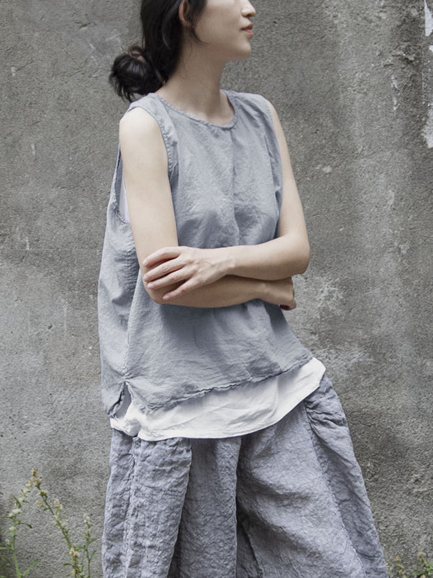Women Vintage Summer Solid Thin Button Vest/Shirt/Pants