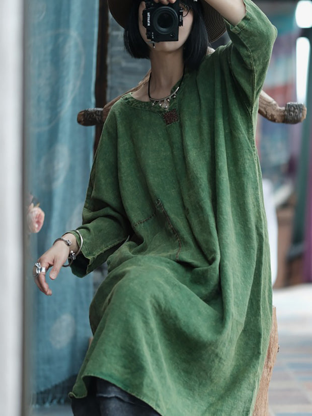 Women Retro Solid Stitching Washed Worn Linen Dress