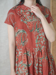 Plus Size Women Summer Ethnic Flower Ramie Dress