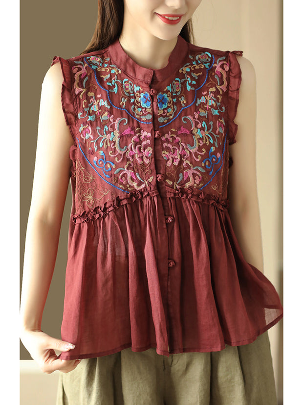 Women Vintage Embroidery Frog Agaric Lace Sleeveless Shirt
