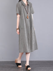 Plus Size Women Casual Plaid Slant Closure Button Loose Dress