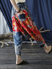 Plus Size Patchwork Plaid Women Casual Elastic Waist Pants