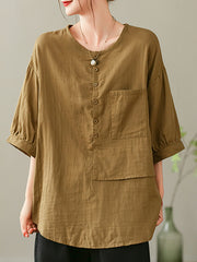 Women Summer Solid Vintage Pocket Spliced Loose Shirt