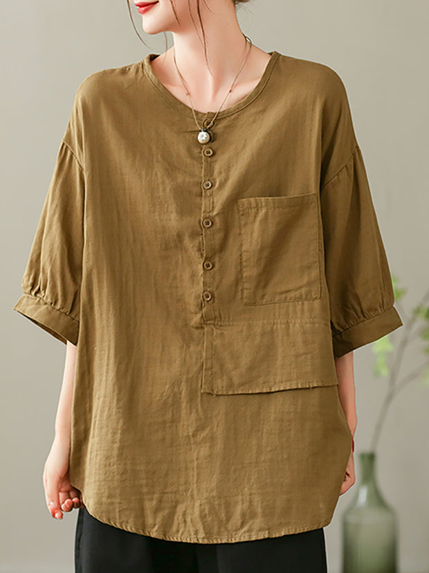 Women Summer Solid Vintage Pocket Spliced Loose Shirt