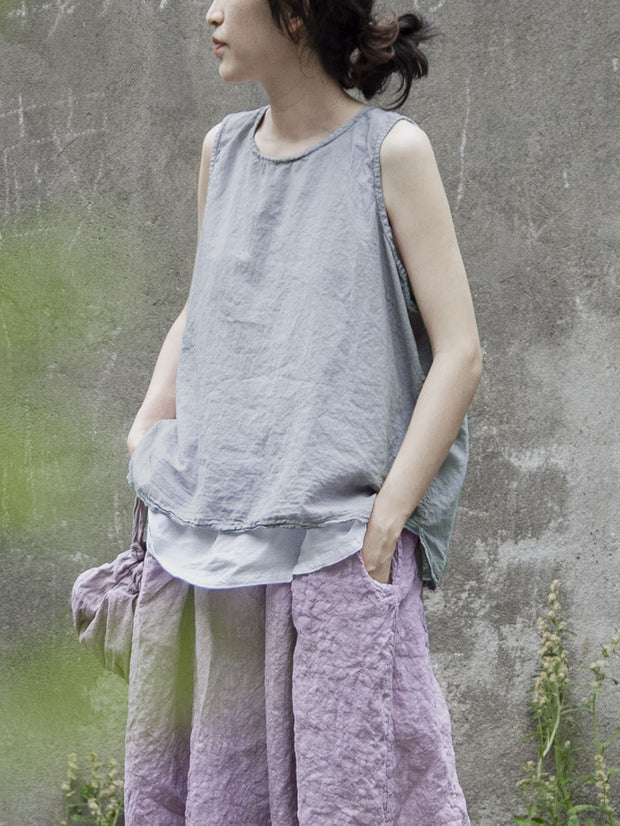 Women Vintage Summer Solid Thin Button Vest/Shirt/Pants