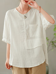 Women Summer Solid Vintage Pocket Spliced Loose Shirt