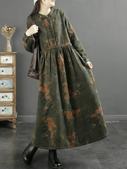 Plus Size Women Autumn Vintage Leaf Print Cotton Dress