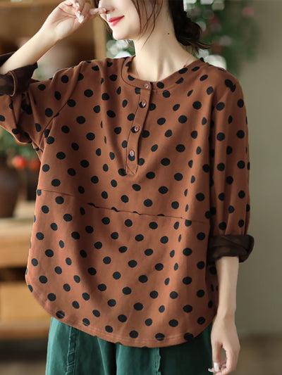 Plus Size Autumn Vintage Dot O-neck Pullover Shirt