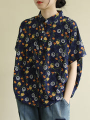 Plus Size - Summer Flower Print Thin Cotton Floral Shirt