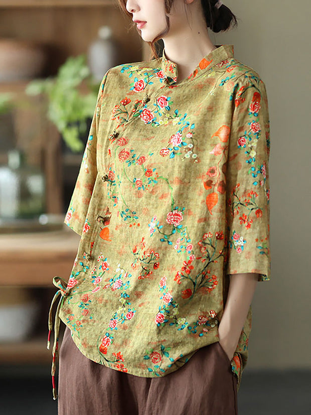 Unregelmäßiges Vintage-Hemd aus Baumwollleinen mit Blumenmuster