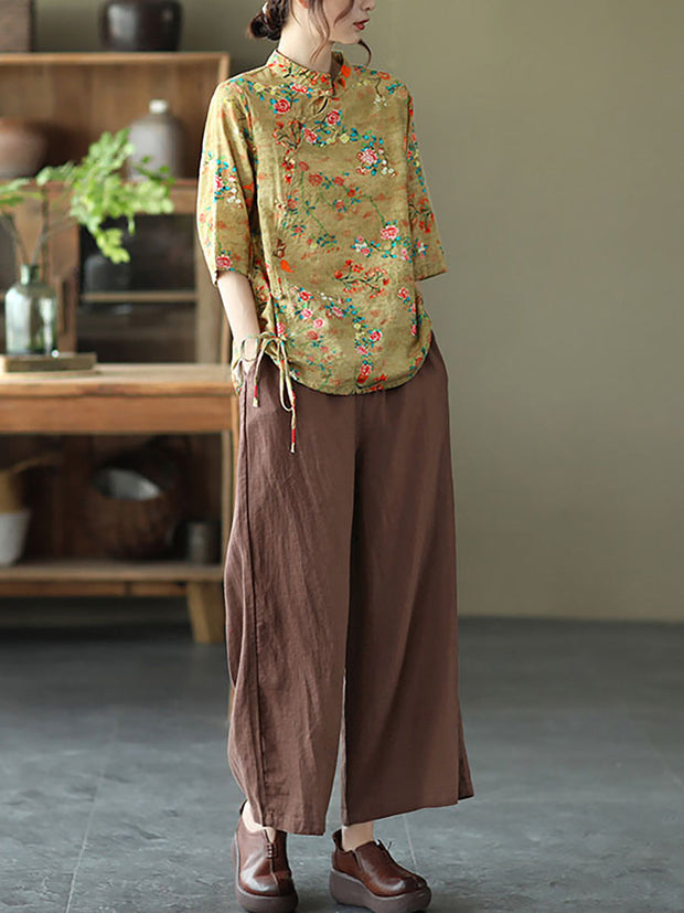 Unregelmäßiges Vintage-Hemd aus Baumwollleinen mit Blumenmuster