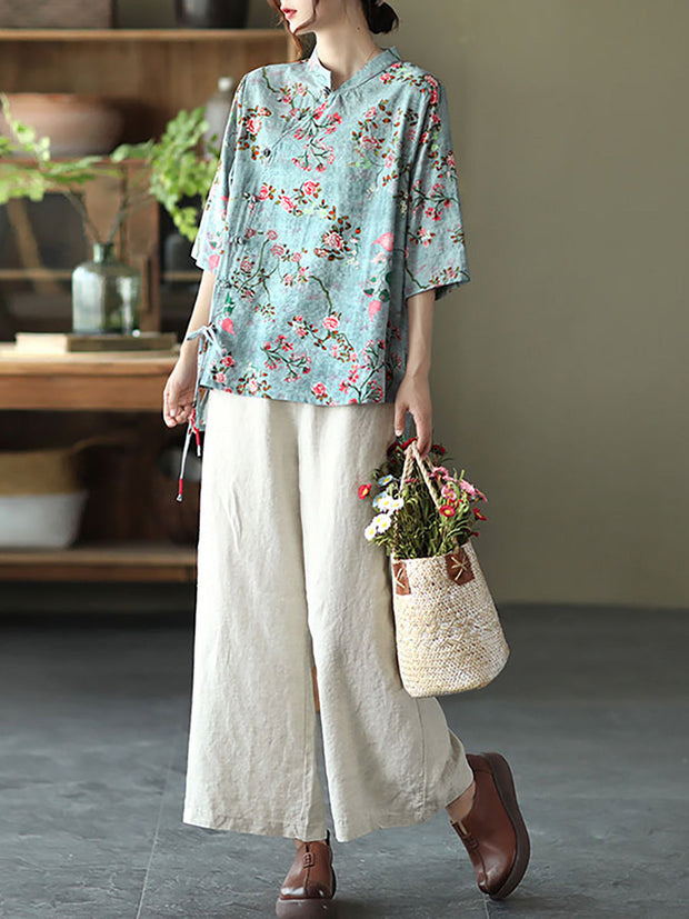 Unregelmäßiges Vintage-Hemd aus Baumwollleinen mit Blumenmuster