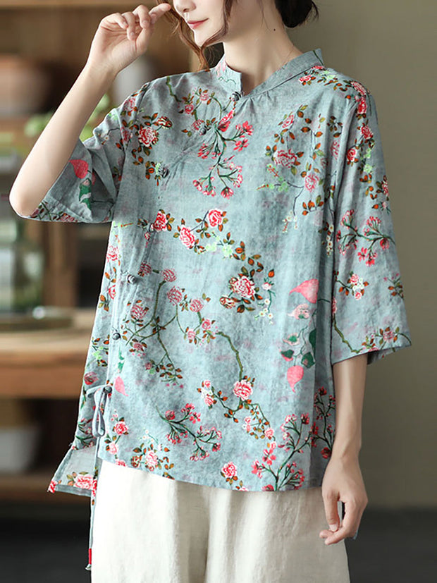 Unregelmäßiges Vintage-Hemd aus Baumwollleinen mit Blumenmuster