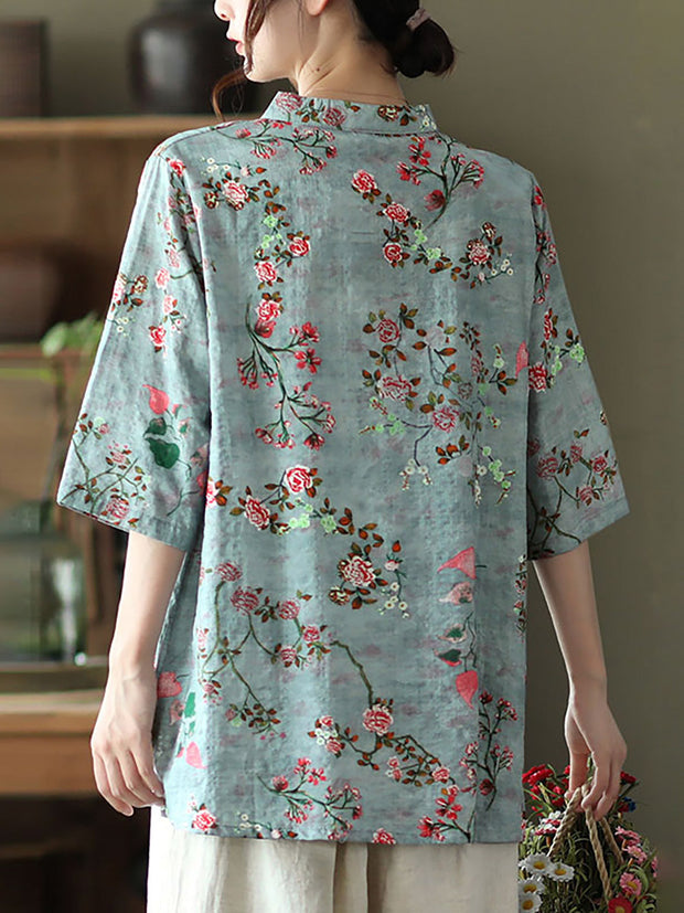 Unregelmäßiges Vintage-Hemd aus Baumwollleinen mit Blumenmuster