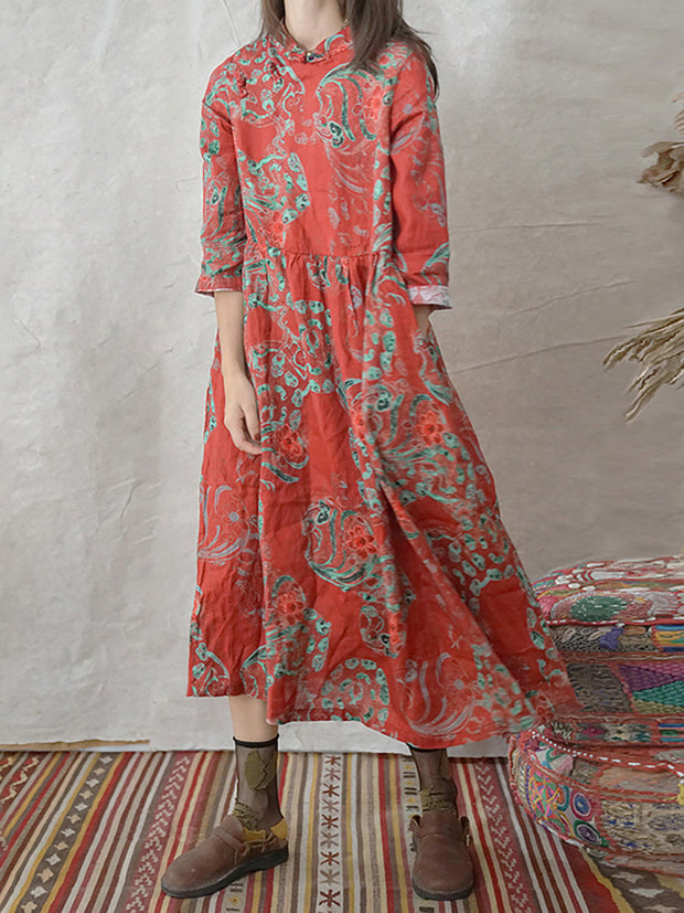 Damen Leinenkleid mit Vintage-Print und Blumentaschen