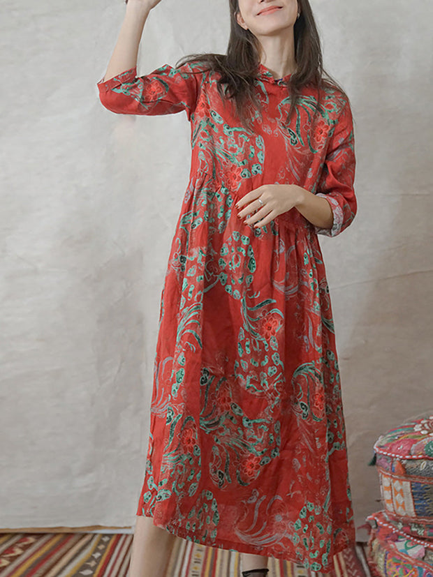 Damen Leinenkleid mit Vintage-Print und Blumentaschen
