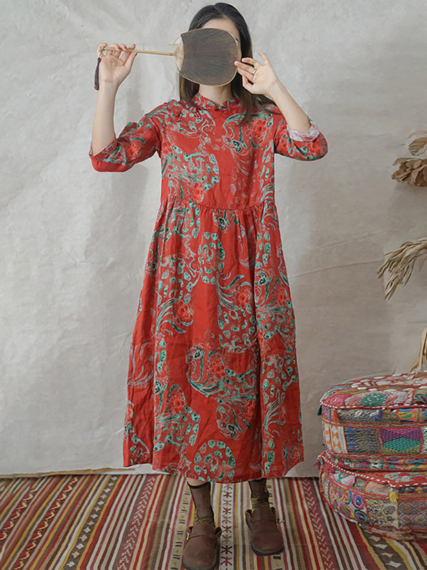 Damen Leinenkleid mit Vintage-Print und Blumentaschen